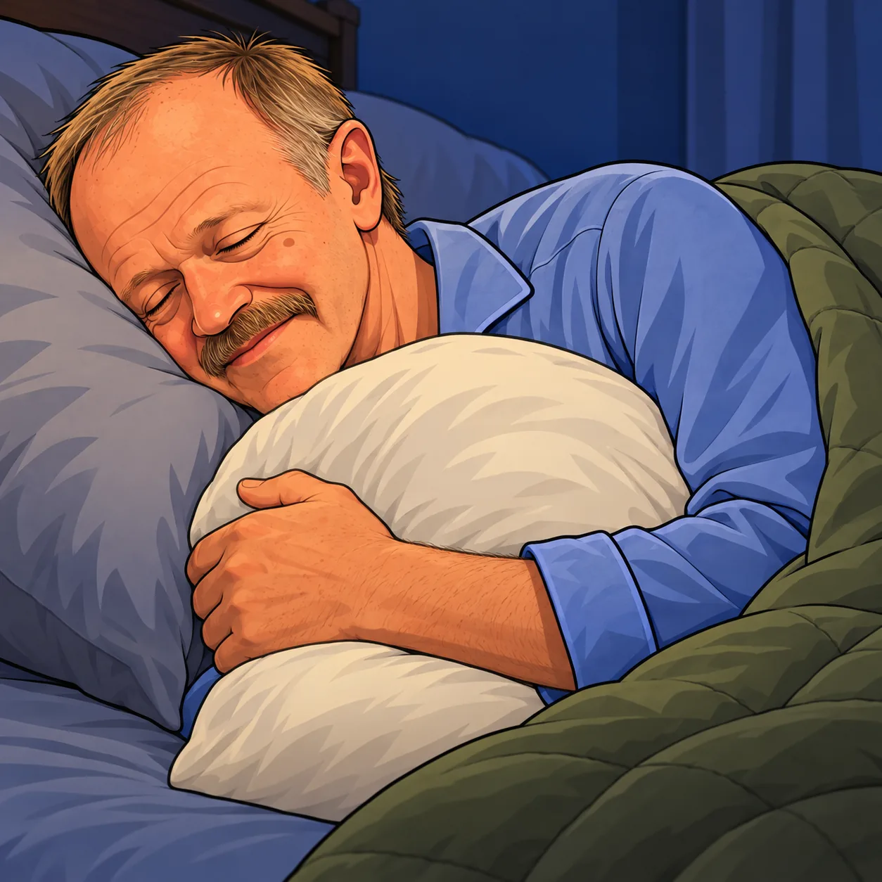 An illustration of Beggi’s dad sleeping peacefully, holding a pillow under a green blanket.