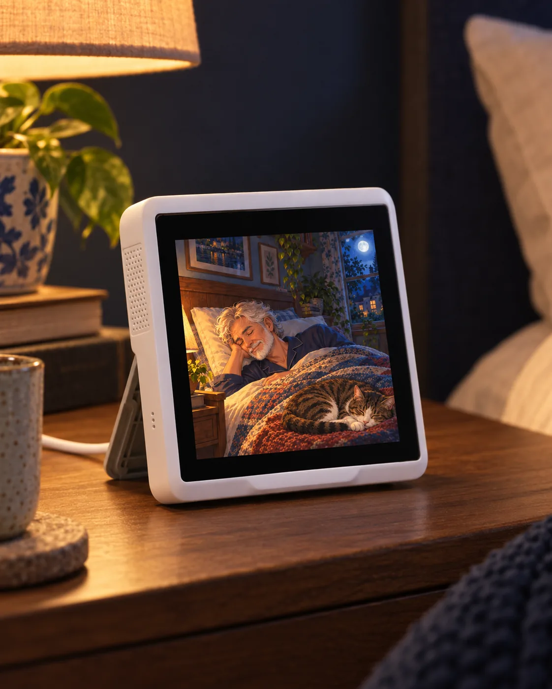 The white Everwindow display on a warmly lit bedside table, showing an illustrated moment of a man sleeping with his cat.