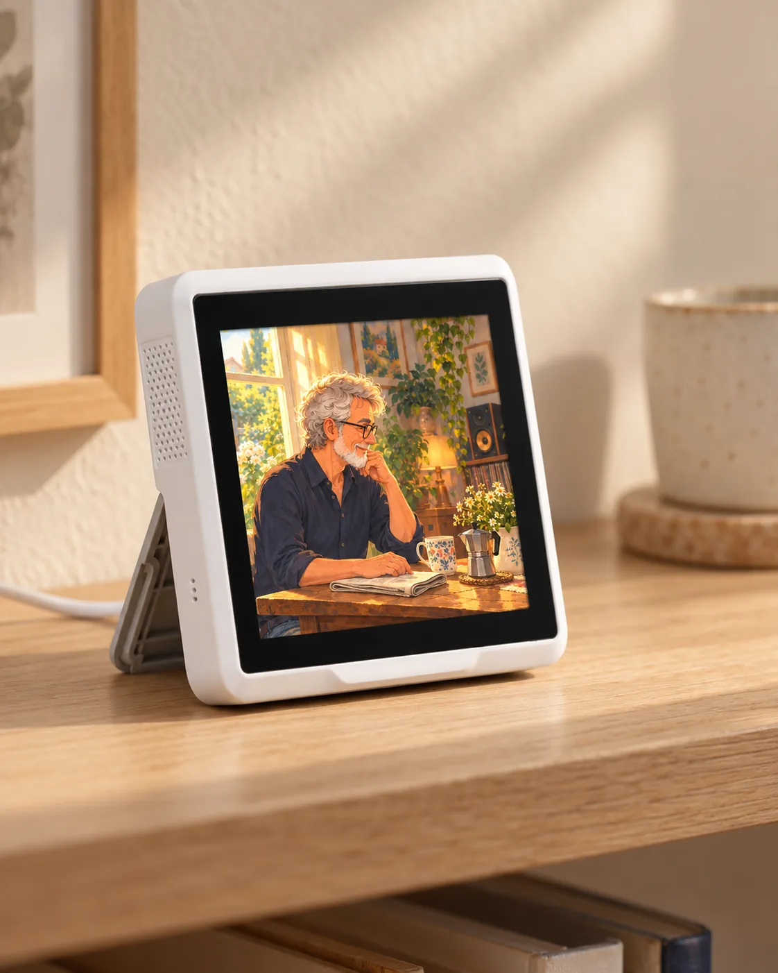 A small white Everwindow display on an oak shelf.